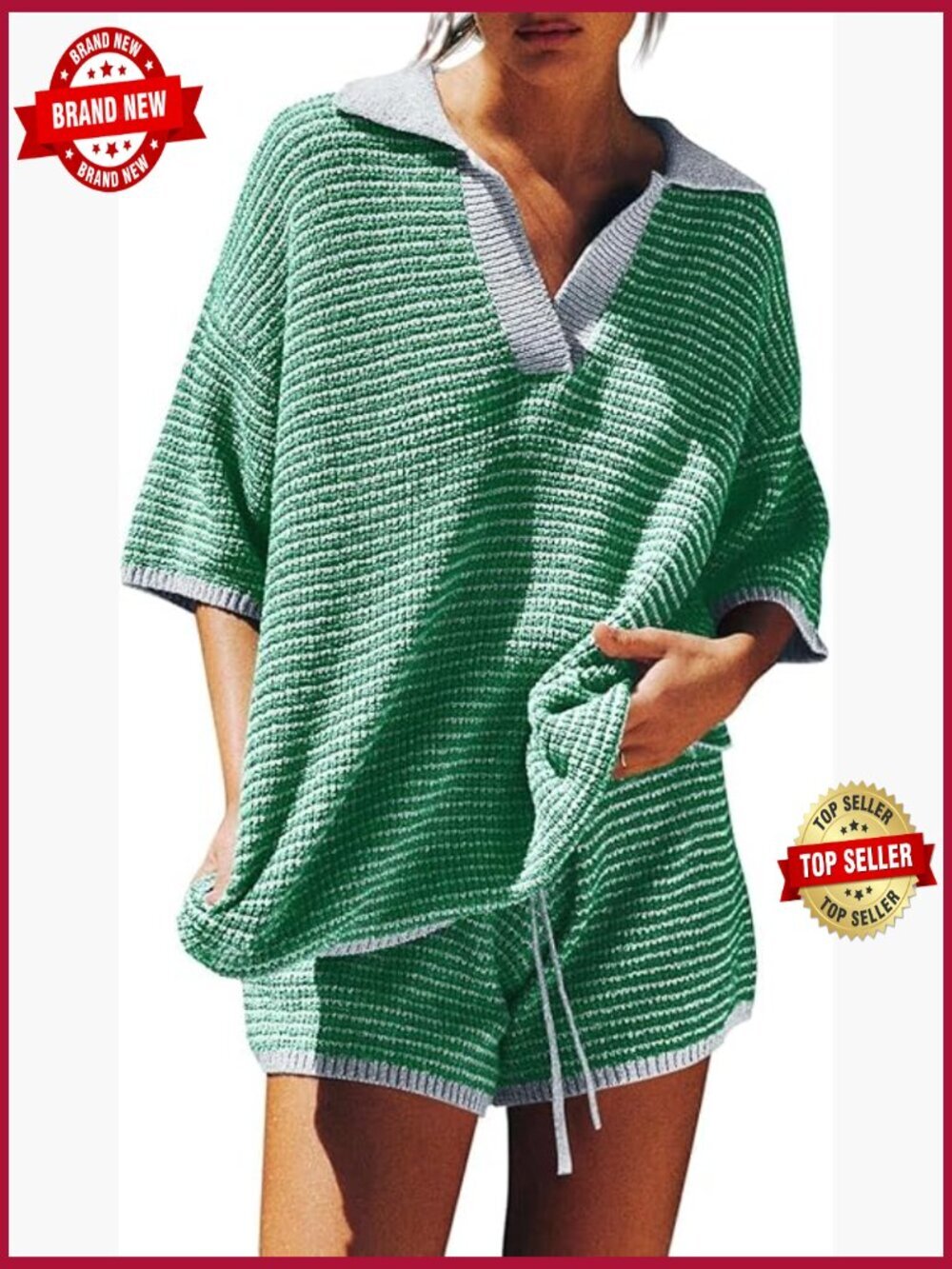 Oversized 3/4 Sleeve V Neck Knit Top & High Waisted Shorts Lounge Set